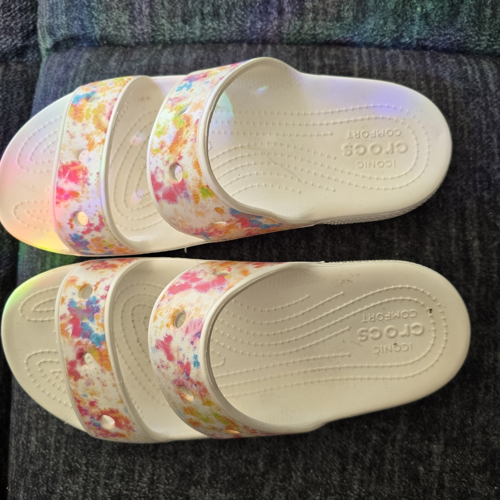 CROCS White Slide Sandals with Colorful Floral Splash